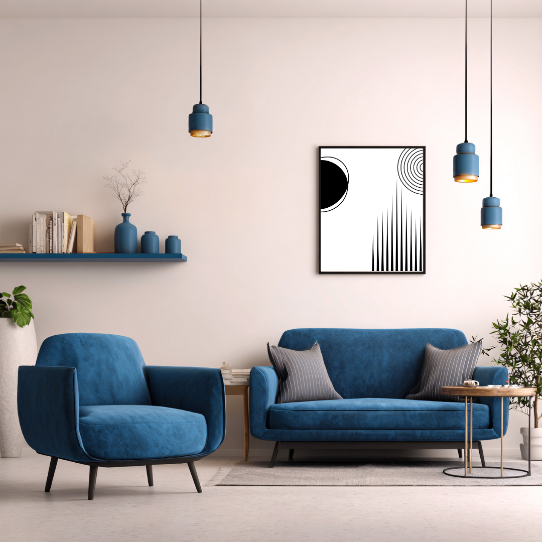 Framed Art Deco black tower and circles wall art print displayed in a modern living room