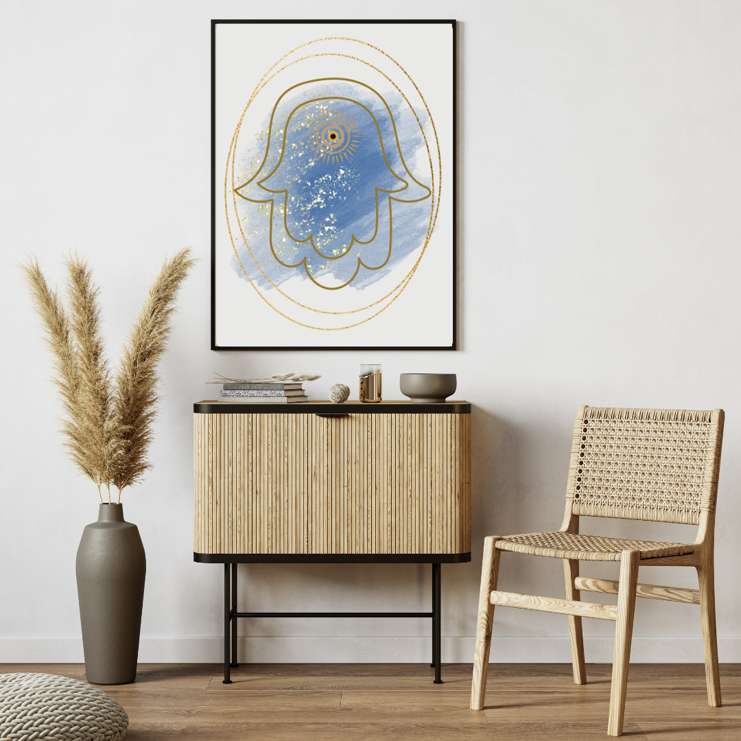Framed Hamsa modern poster wall art print displayed in a stylish home interior