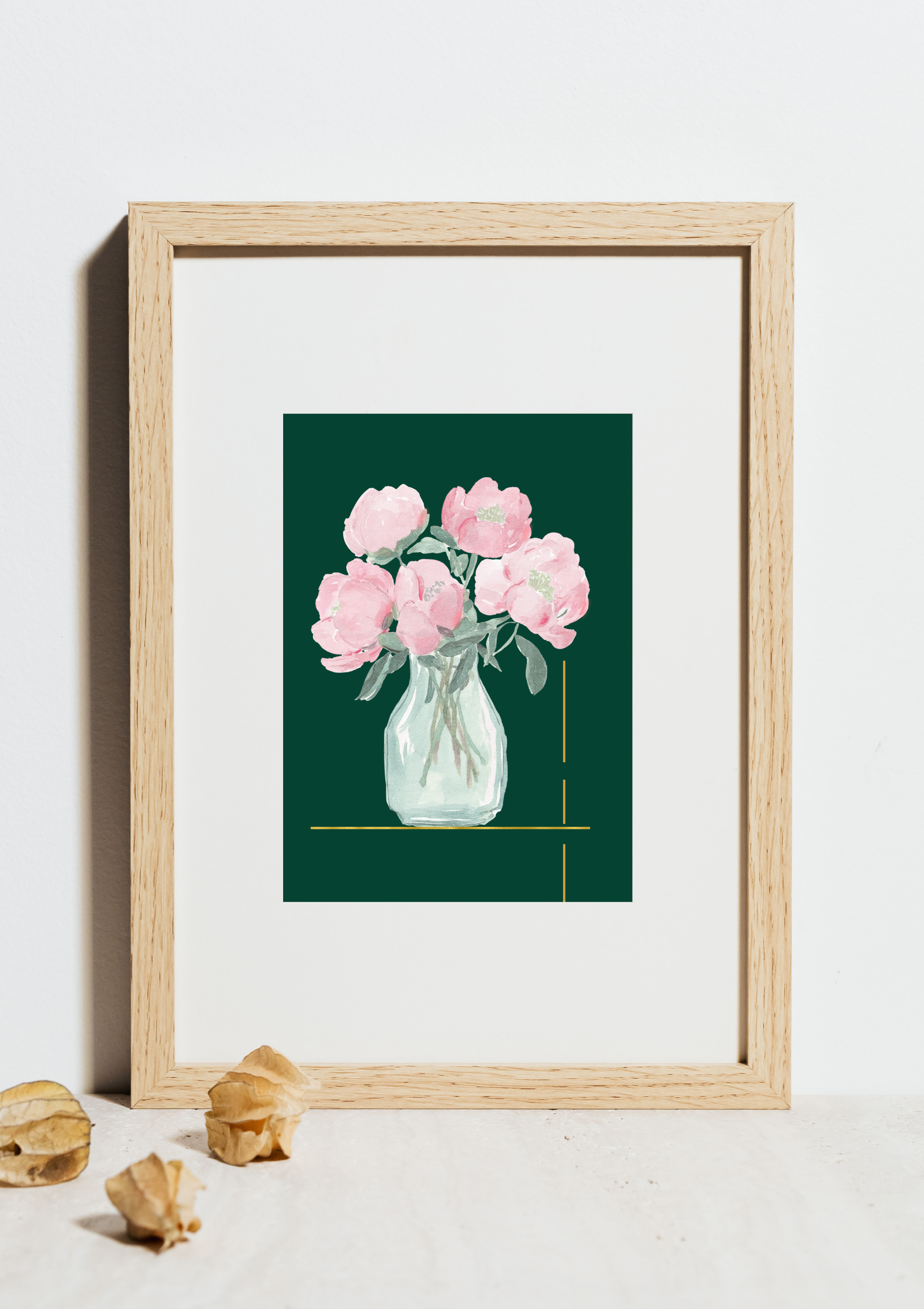 Pink floral illustration printable wall art displayed in a framed mockup for home decor