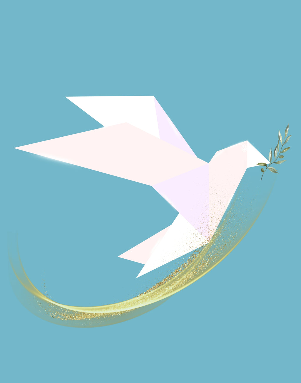 A stylized geometric dove in white and pale pink flying left, holding a small olive branch, with a gold glitter trail on a light blue background.