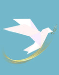 A stylized geometric dove in white and pale pink flying left, holding a small olive branch, with a gold glitter trail on a light blue background.