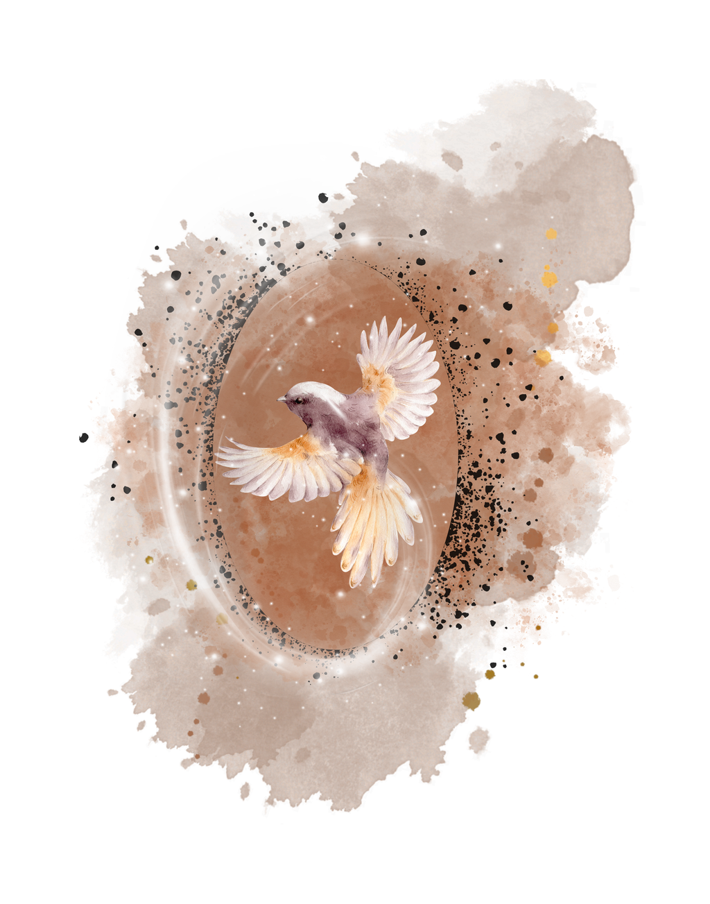 Watercolor art print featuring a small bird with outstretched wings inside a brown oval, surrounded by a soft beige watercolor splash with black and gold speckles on a white background.