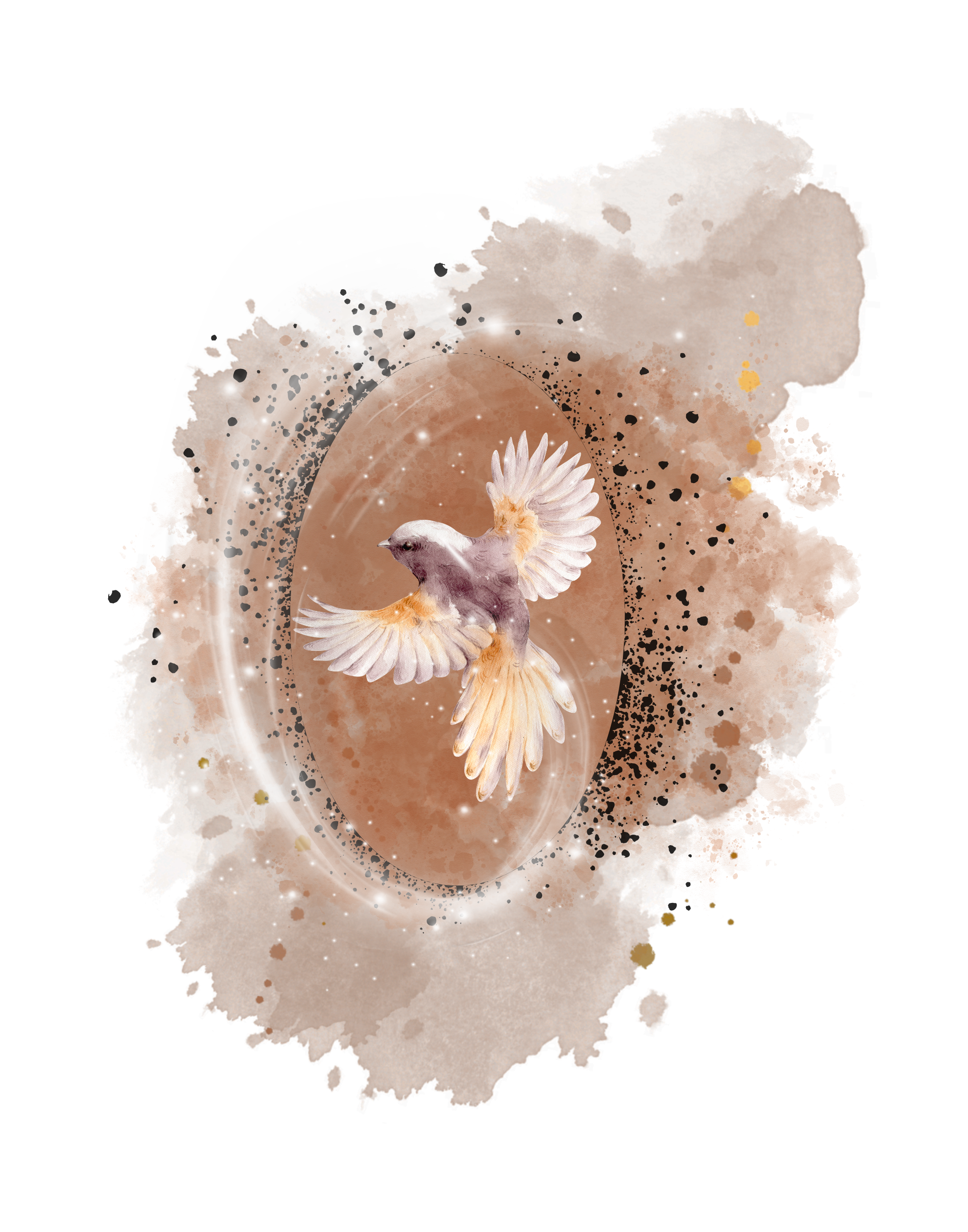 Watercolor art print featuring a small bird with outstretched wings inside a brown oval, surrounded by a soft beige watercolor splash with black and gold speckles on a white background.