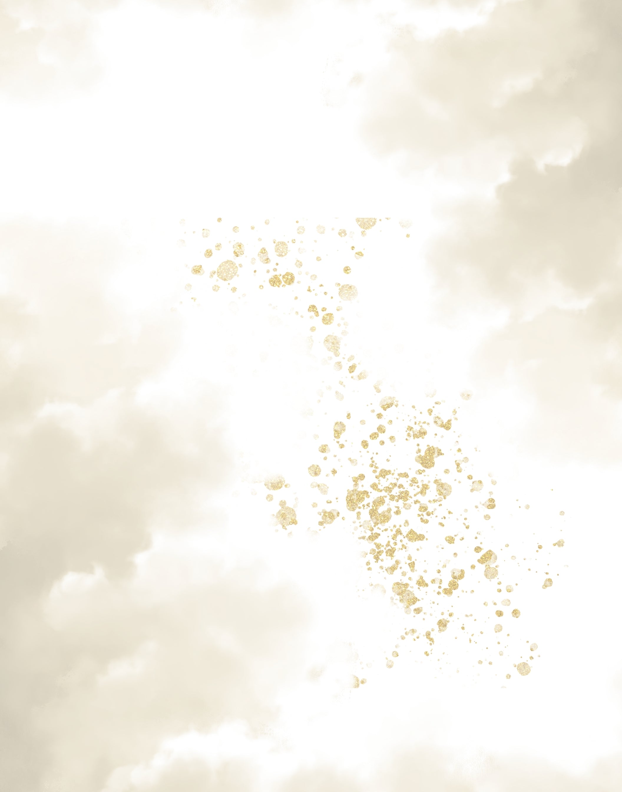 A soft cream and white cloud-like background with scattered gold glitter-like speckles concentrated in the center-right area.