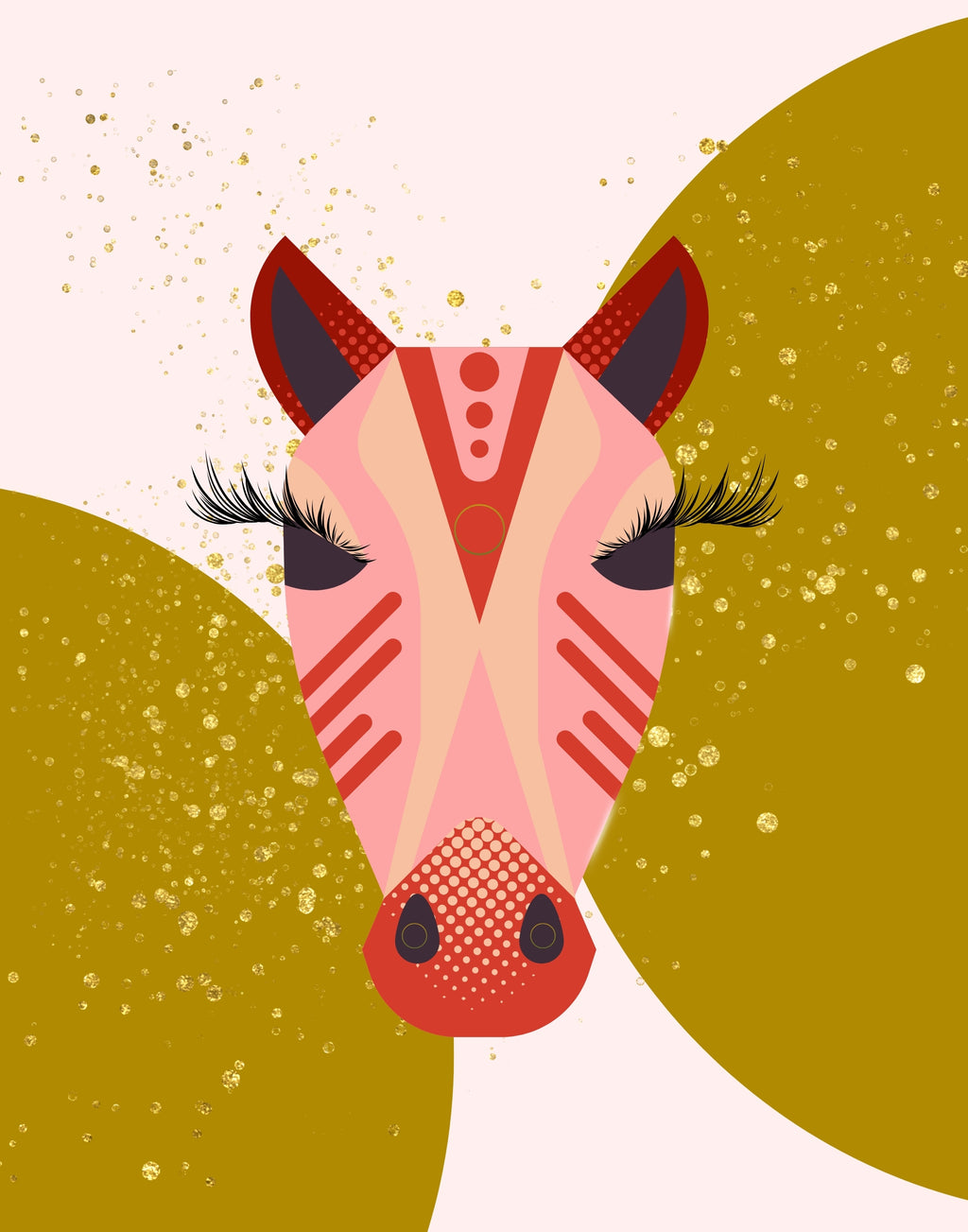 A stylized zebra face illustration centered on a pale pink background with large olive-green abstract shapes and gold speckles. The zebra has pink, cream, red, and dark purple geometric patterns, closed black eyes with long lashes, and a red nose.