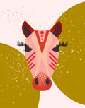 A stylized zebra face illustration centered on a pale pink background with large olive-green abstract shapes and gold speckles. The zebra has pink, cream, red, and dark purple geometric patterns, closed black eyes with long lashes, and a red nose.