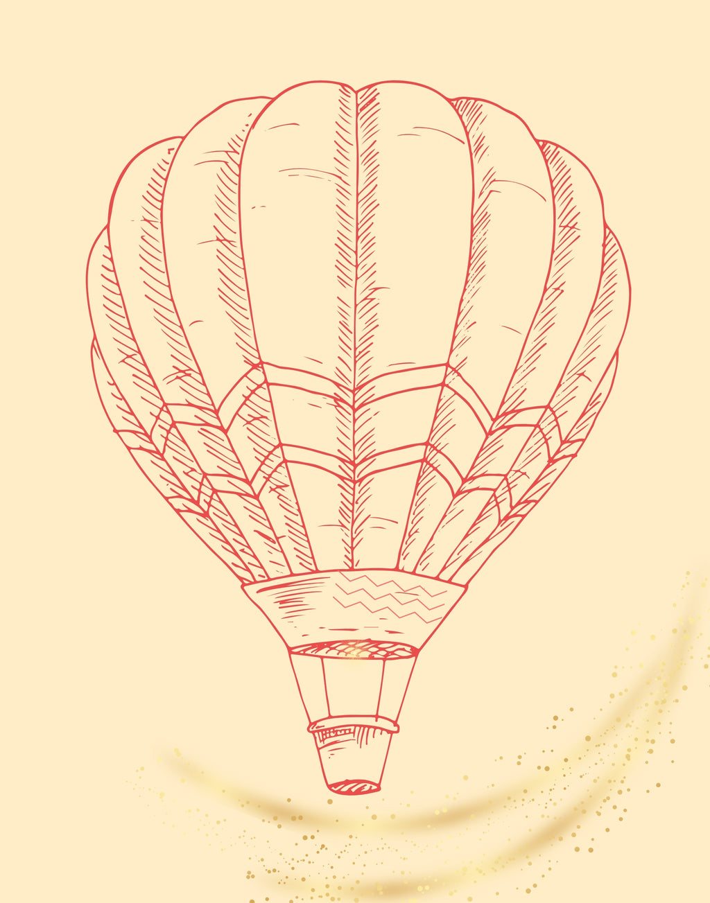 A minimalist line art illustration of a hot air balloon in red, set against a warm cream background with subtle gold speckles and a soft curved shadow at the bottom.