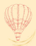 A minimalist line art illustration of a hot air balloon in red, set against a warm cream background with subtle gold speckles and a soft curved shadow at the bottom.