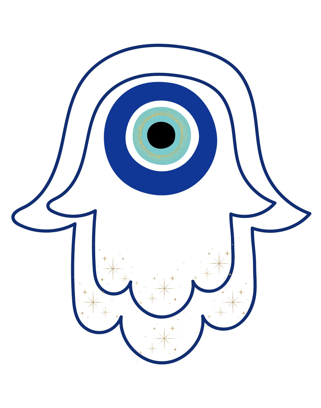 Blue and white hamsa hand wall art featuring a large evil eye design with gold sparkles on a white background.