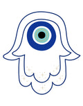 Blue and white hamsa hand wall art featuring a large evil eye design with gold sparkles on a white background.