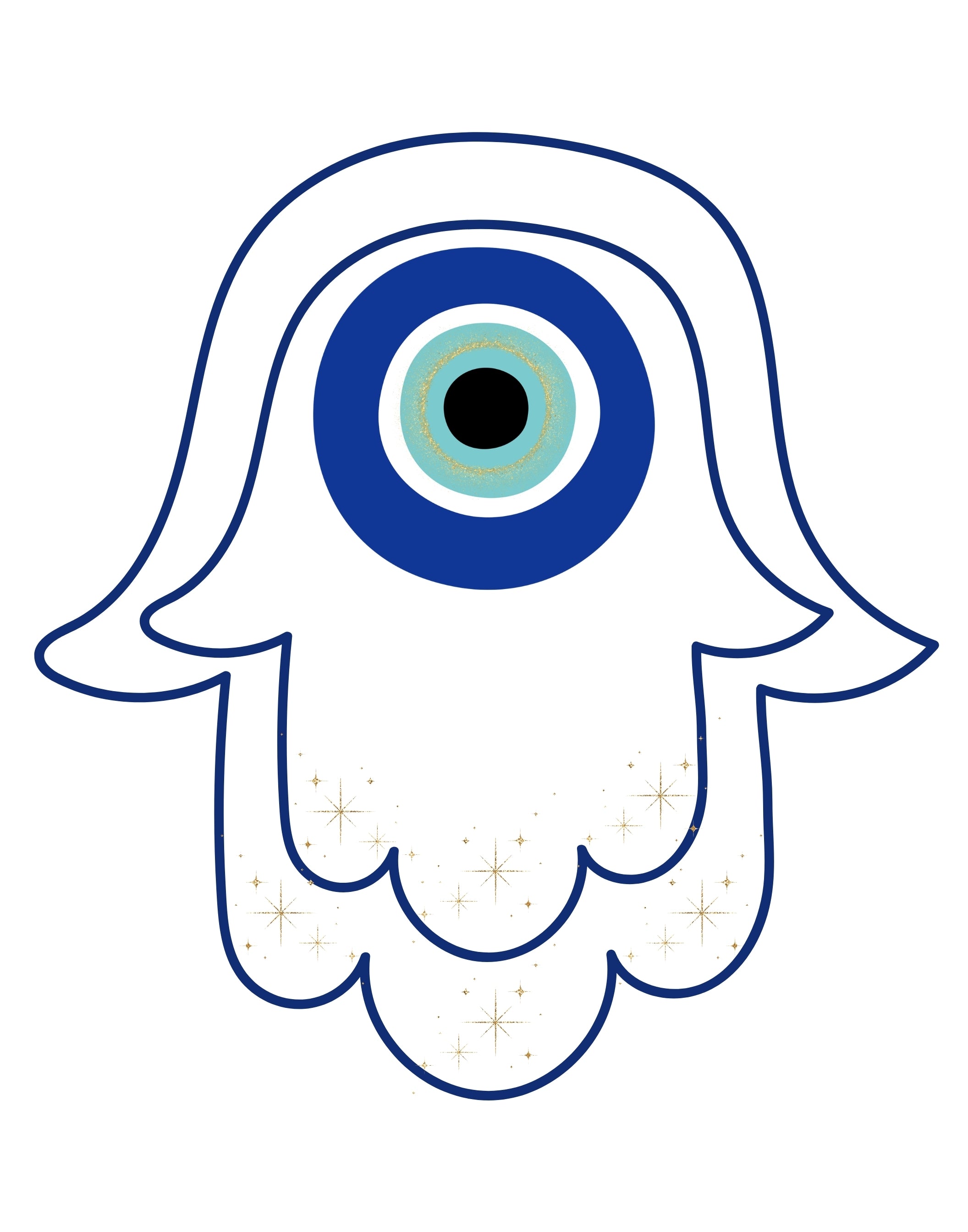 Blue and white hamsa hand wall art featuring a large evil eye design with gold sparkles on a white background.