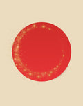 A red circular frame with a gold glittery starburst border on a light beige background.