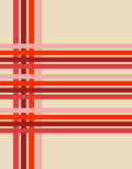 A minimalist abstract plaid pattern featuring intersecting horizontal and vertical stripes in shades of red, orange, and pink on a warm beige background.
