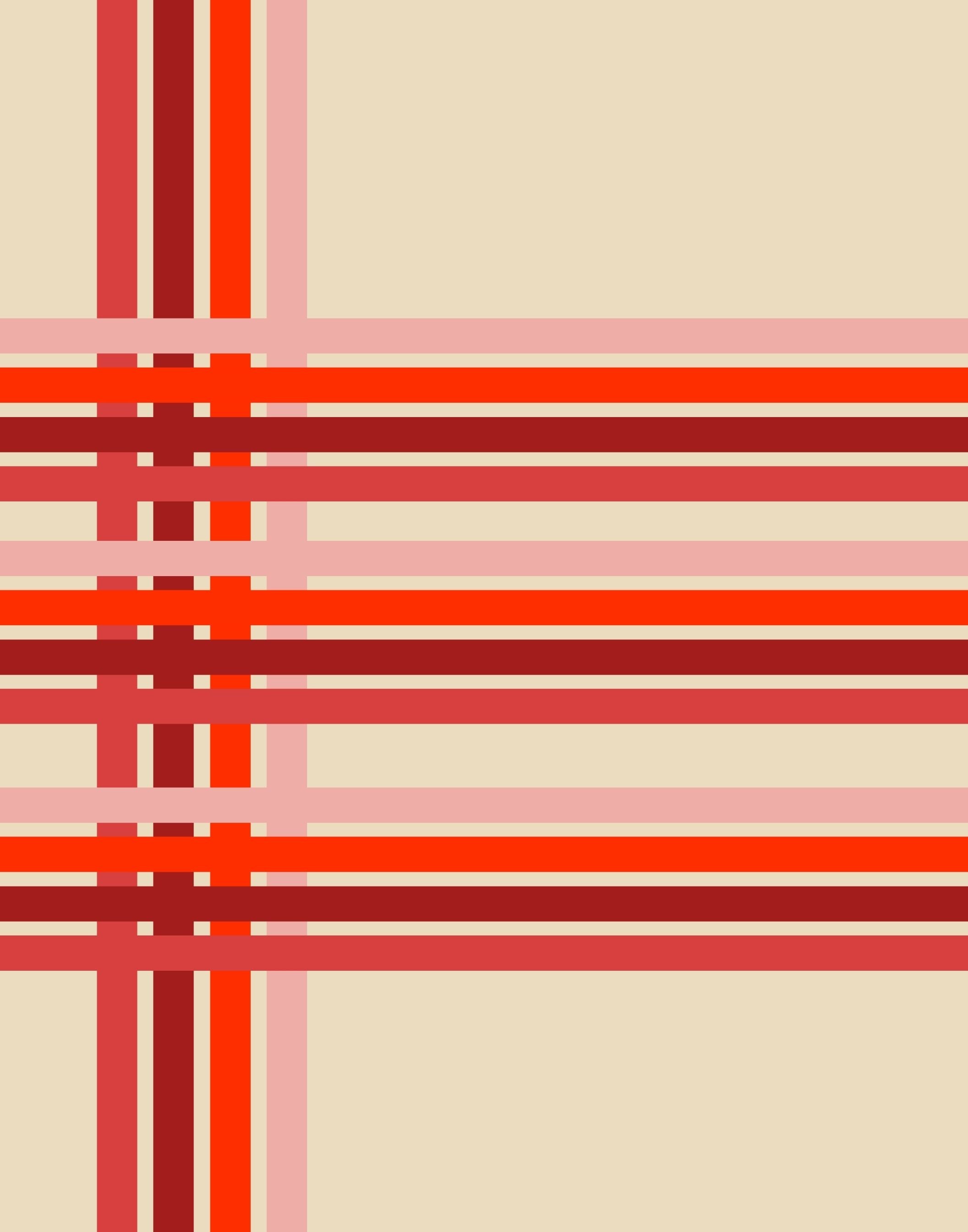 A minimalist abstract plaid pattern featuring intersecting horizontal and vertical stripes in shades of red, orange, and pink on a warm beige background.