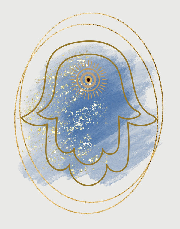A minimalist art print featuring a gold hamsa hand outline over a textured blue watercolor background, framed by gold concentric oval rings on a light gray background.