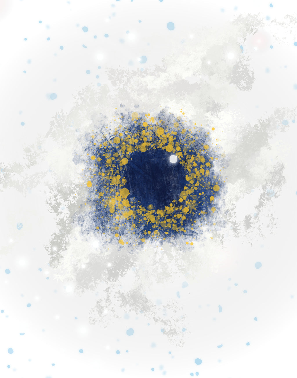 Abstract circular artwork featuring a deep navy blue center surrounded by textured splatters of gold and blue-gray on a white background with subtle light blue dots.