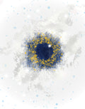 Abstract circular artwork featuring a deep navy blue center surrounded by textured splatters of gold and blue-gray on a white background with subtle light blue dots.