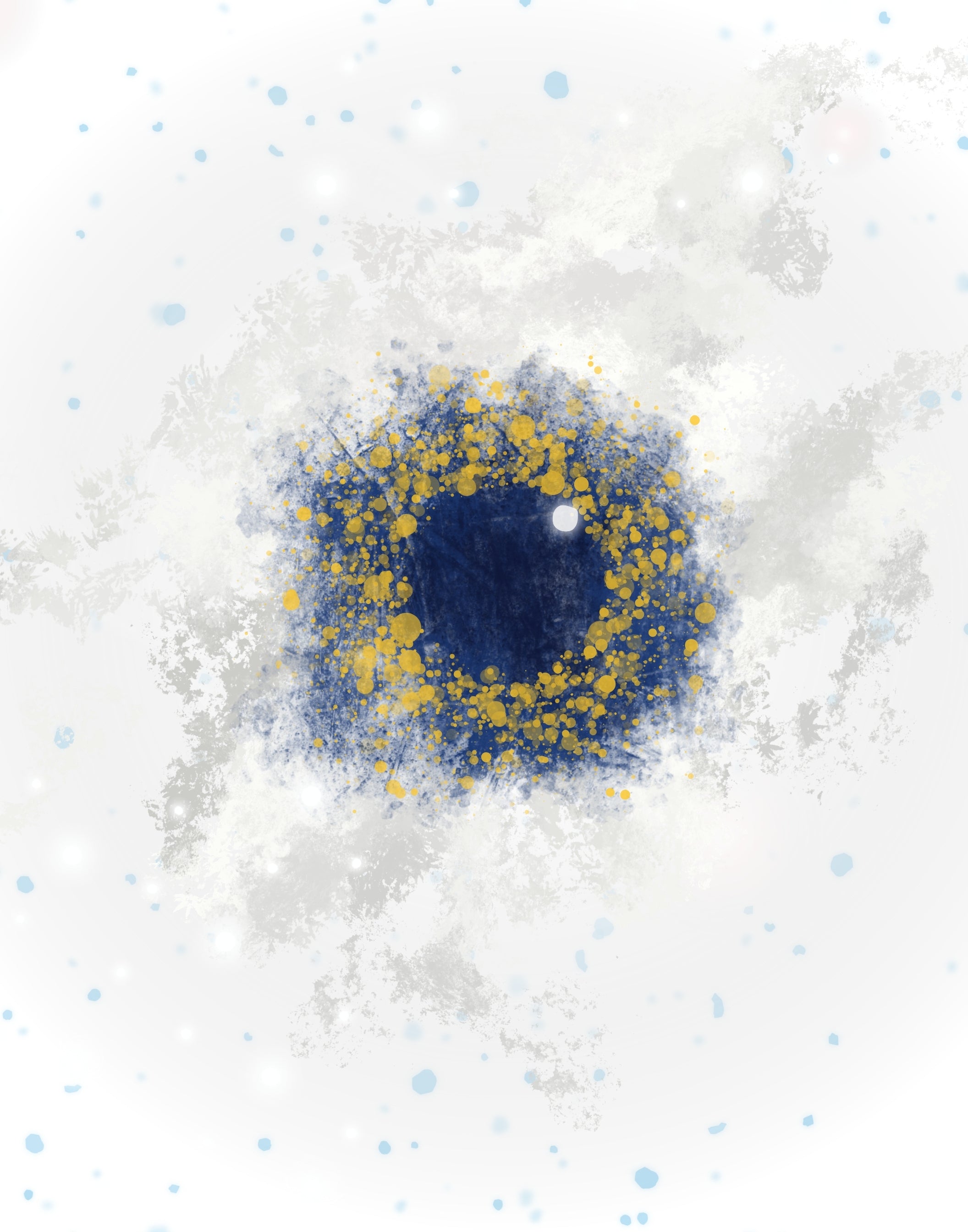 Abstract circular artwork featuring a deep navy blue center surrounded by textured splatters of gold and blue-gray on a white background with subtle light blue dots.