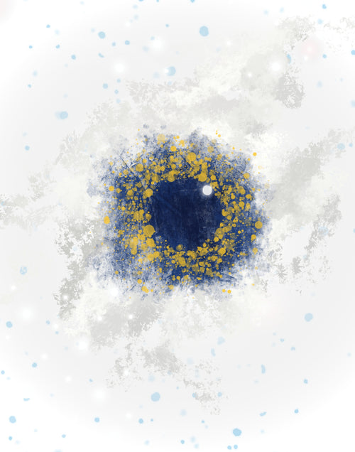 Abstract circular artwork featuring a deep navy blue center surrounded by textured splatters of gold and blue-gray on a white background with subtle light blue dots.