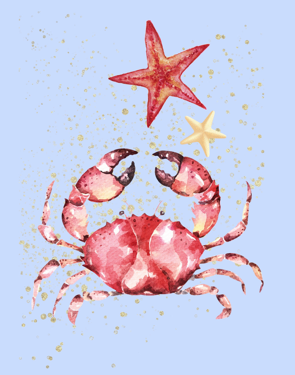 Watercolor-style illustration of a pinkish-red crab with two starfish above it on a light blue background with subtle gold speckles.