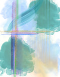 Abstract watercolor artwork featuring soft teal and mint cloud-like forms over a pale blue and white background, with vertical streaks and a horizontal band of fine gold glitter-like lines.