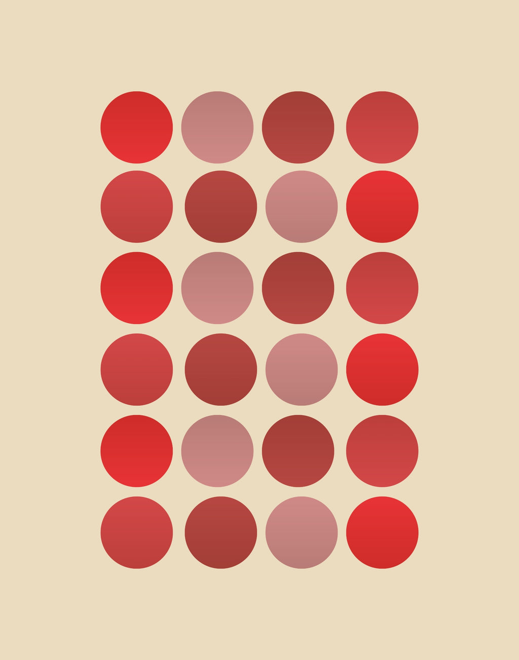 A grid of 24 circular color chips in various shades of red, pink, and burgundy on a solid beige background.