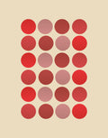 A grid of 24 circular color chips in various shades of red, pink, and burgundy on a solid beige background.