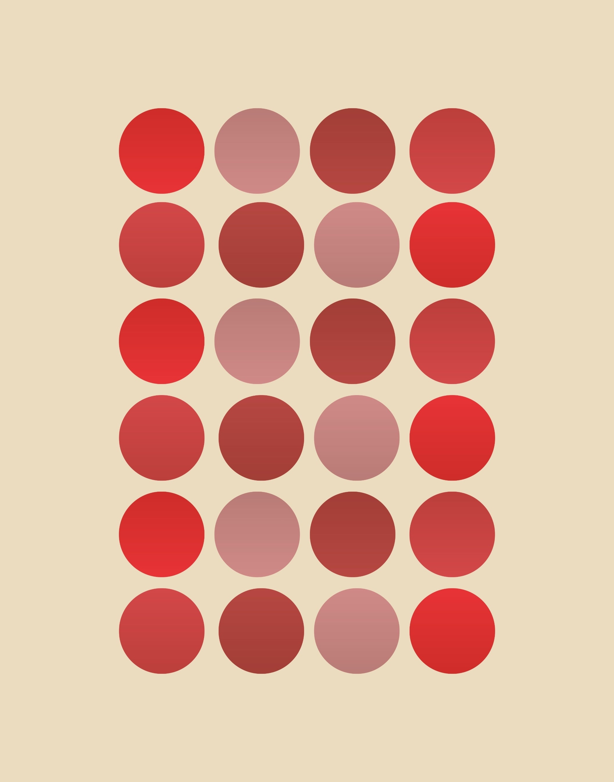 A grid of 24 circular color chips in various shades of red, pink, and burgundy on a solid beige background.