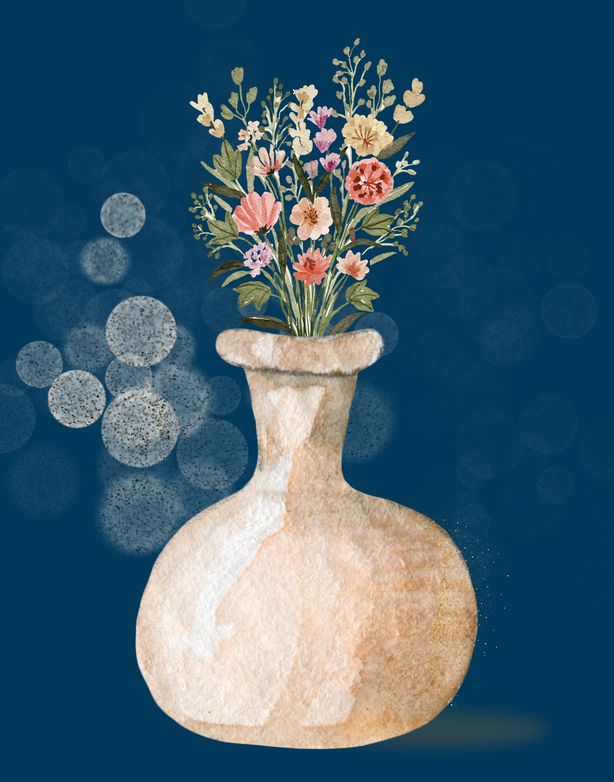 Watercolor-style illustration of a beige ceramic vase filled with a bouquet of multicolored wildflowers, set against a dark blue background with soft white bokeh circles.