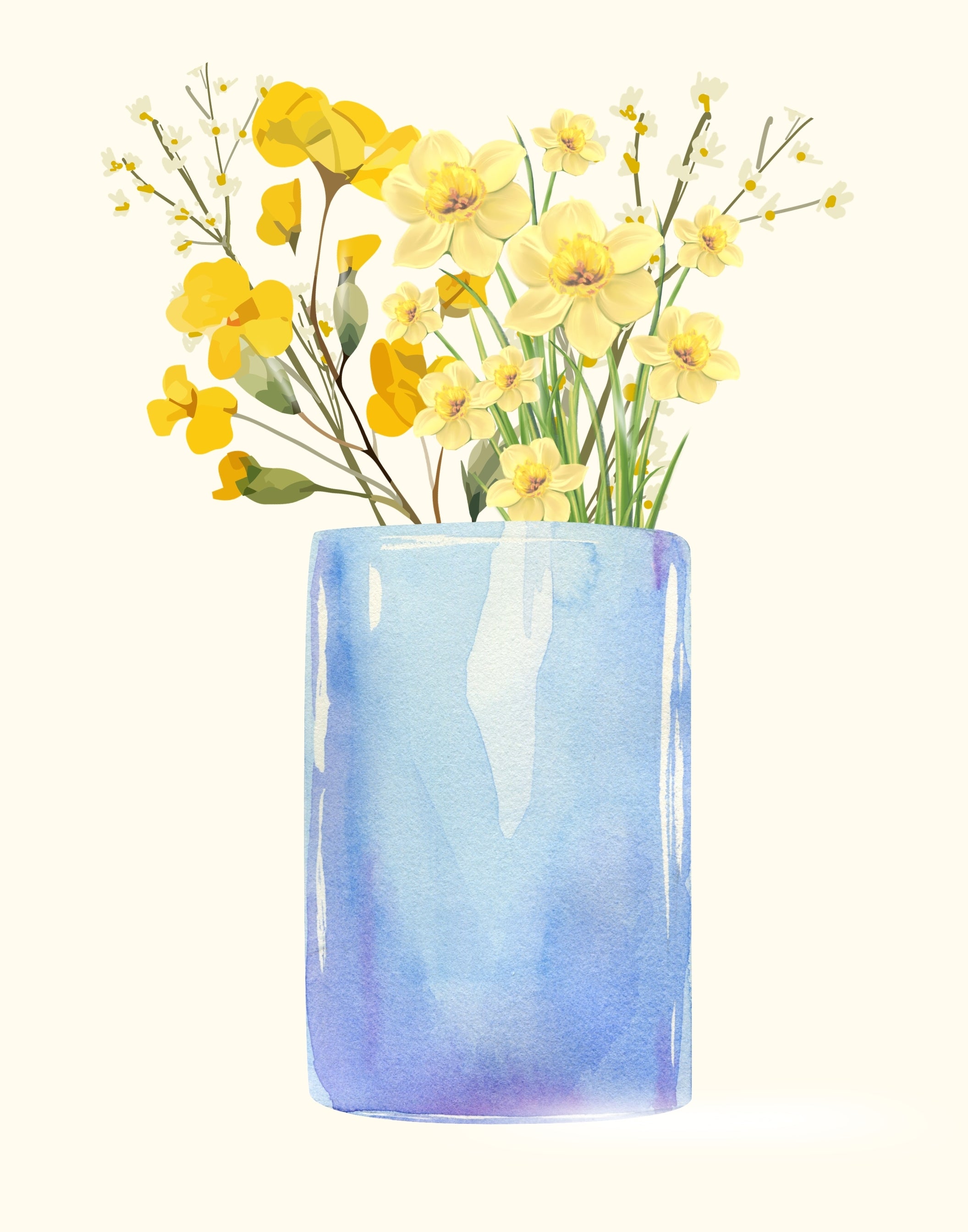 Watercolor-style illustration of yellow flowers with green stems arranged in a soft blue vase against a pale cream background.