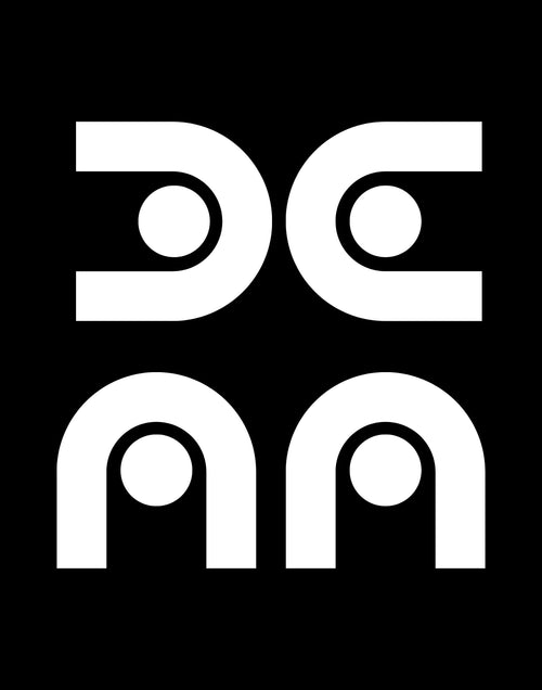 A minimalist black and white graphic design featuring stylized letters 'DC' on top and 'AA' on the bottom, arranged symmetrically on a solid black background.