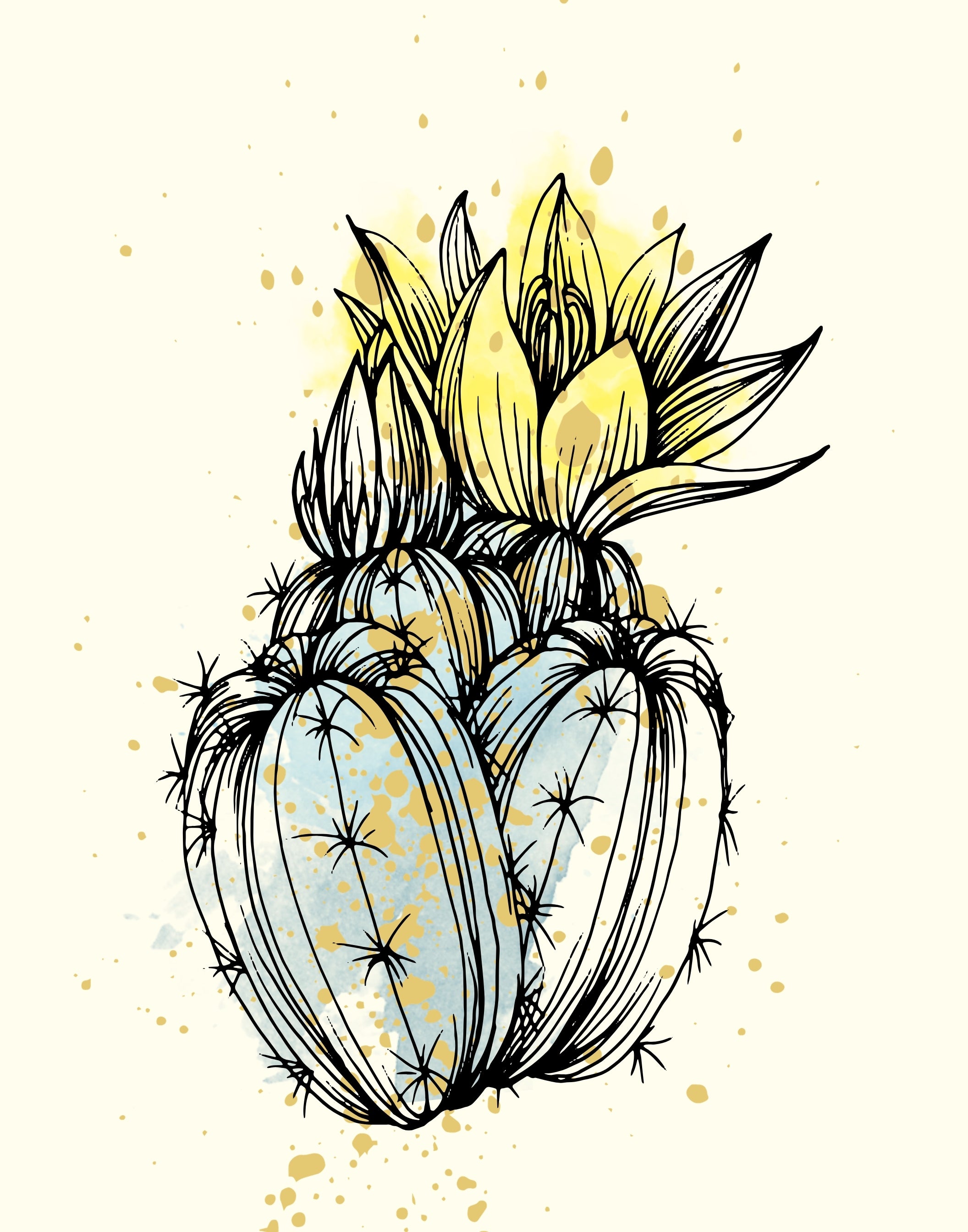 A stylized botanical illustration of a cactus with yellow flowers on a warm cream background, featuring black linework, pale blue-gray shading, and gold paint splatter accents.