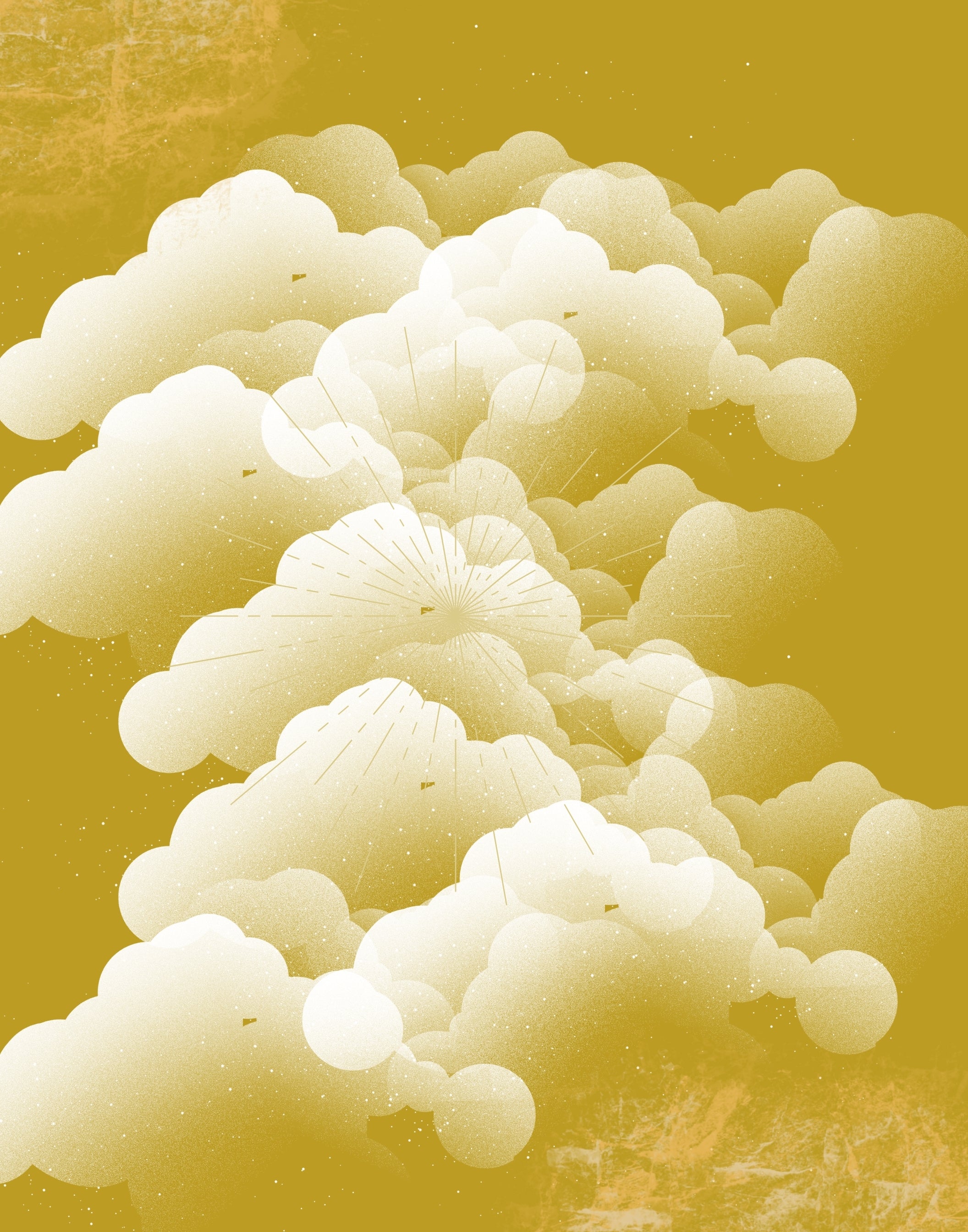 Abstract art print featuring layered, stylized clouds in cream and white tones set against a textured mustard yellow background.