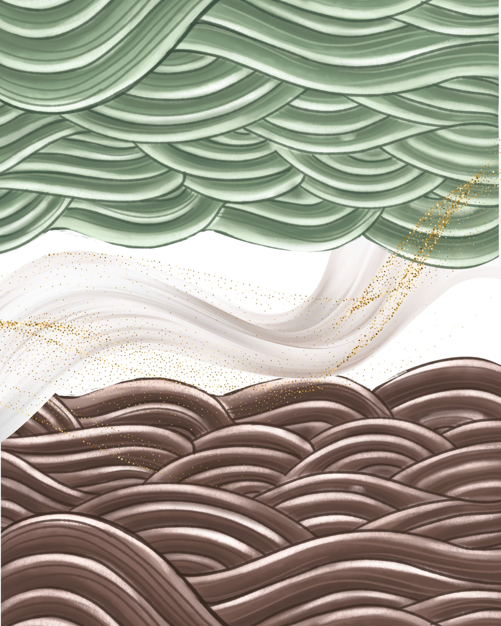 Abstract art print featuring three horizontal wave-like bands: a top sage green band, a middle white band with subtle gold glitter, and a bottom taupe-brown band, all with layered curved patterns.