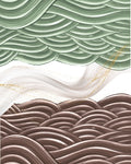 Abstract art print featuring three horizontal wave-like bands: a top sage green band, a middle white band with subtle gold glitter, and a bottom taupe-brown band, all with layered curved patterns.