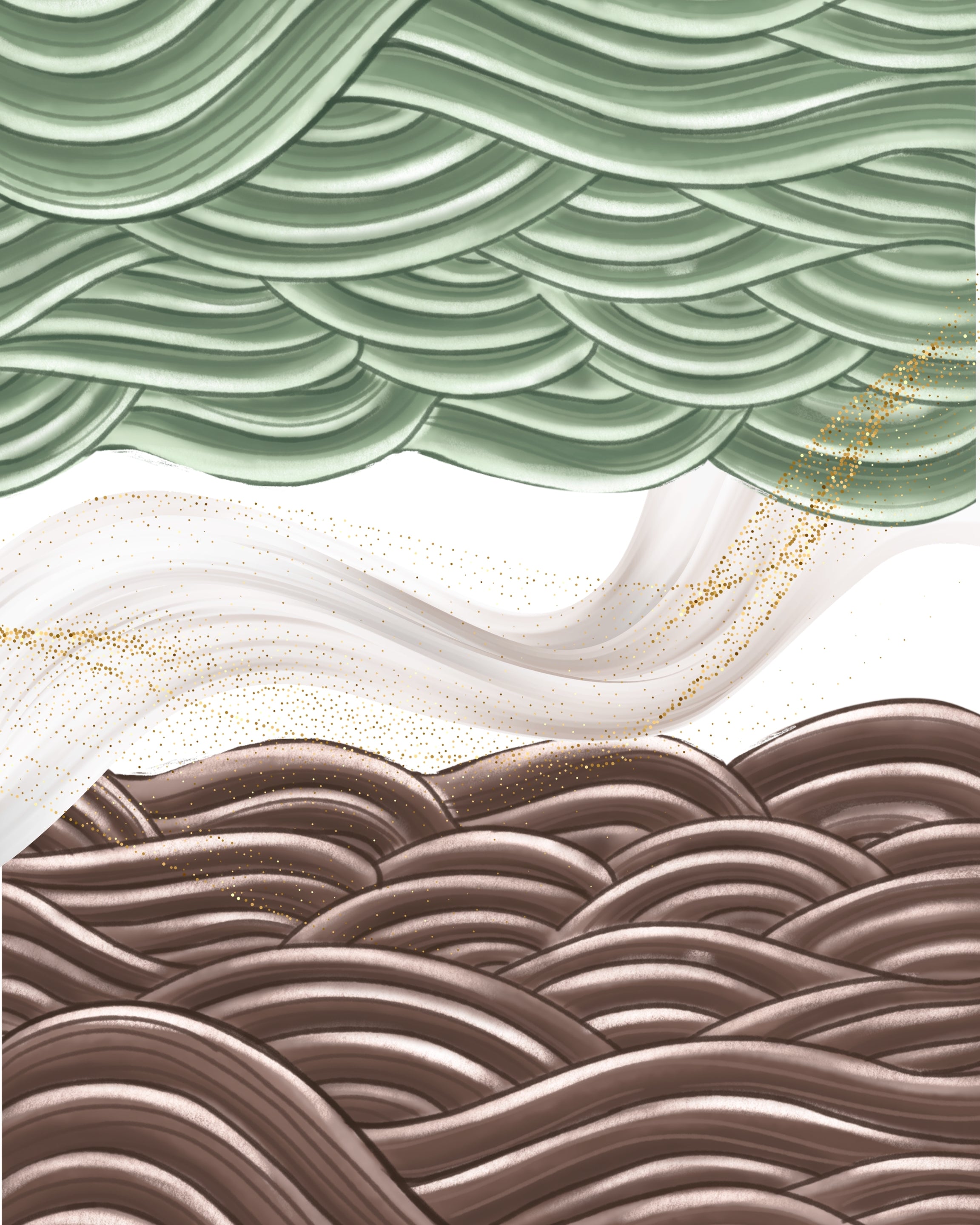 Abstract art print featuring three horizontal wave-like bands: a top sage green band, a middle white band with subtle gold glitter, and a bottom taupe-brown band, all with layered curved patterns.