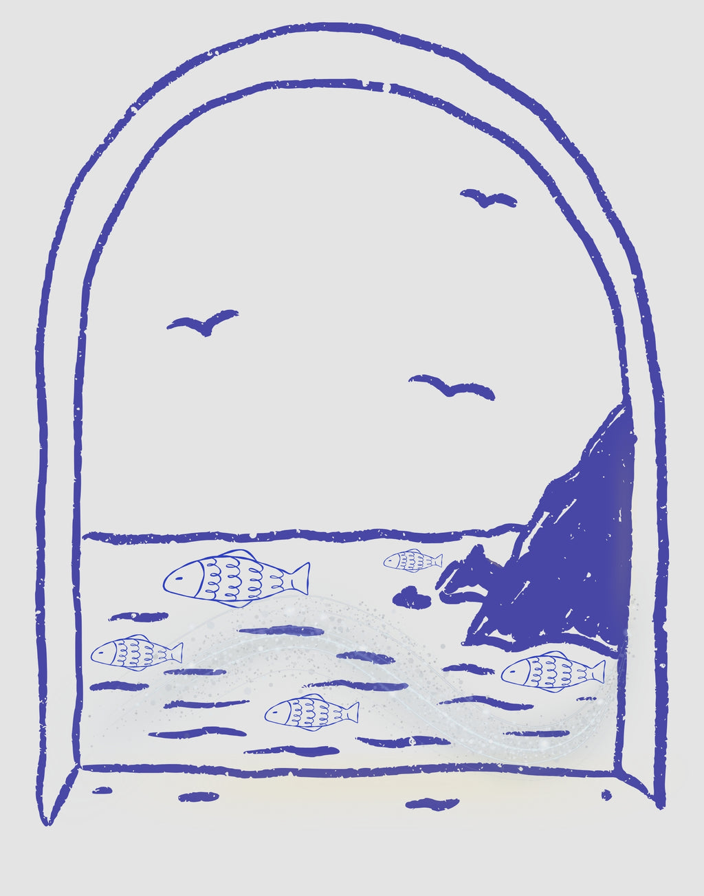 A minimalist art print featuring a blue line drawing of fish in water, a rocky cliff on the right, and birds in the sky, framed by an arch on a light gray background.