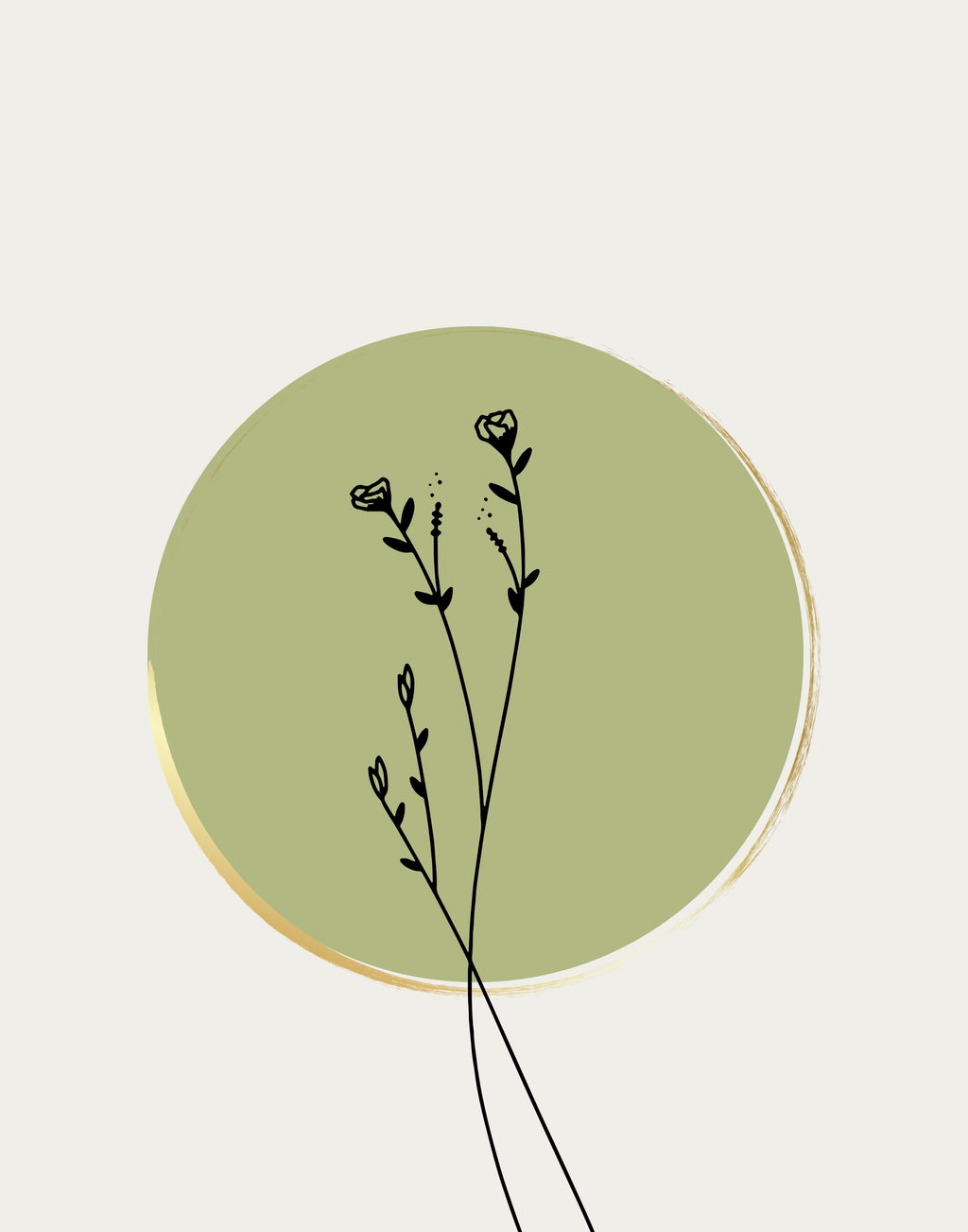 Minimalist art print featuring a sage green circular shape with a thin gold border, overlaid with delicate black line drawings of wildflowers on a light cream background.