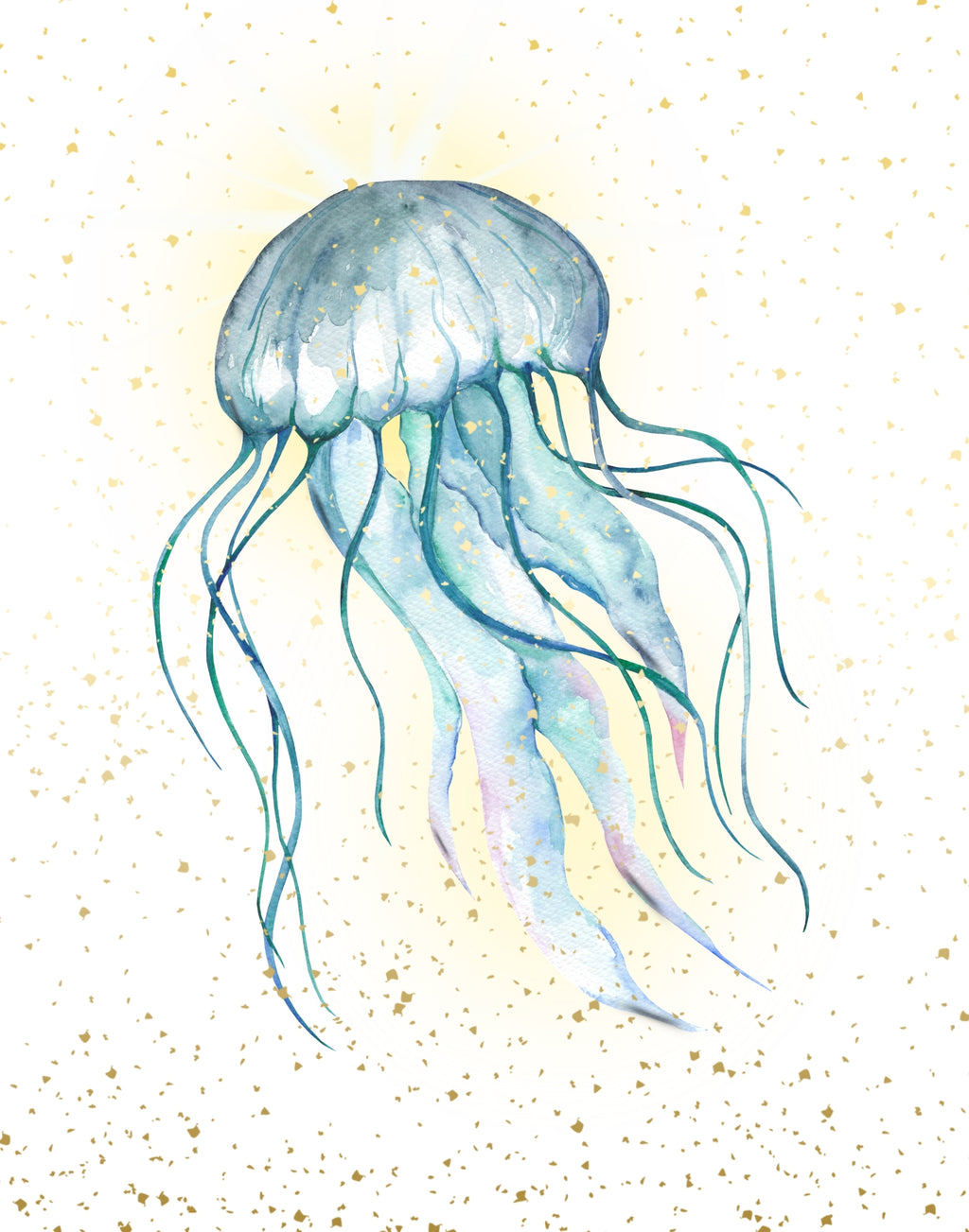 Watercolor illustration of a jellyfish with long flowing tentacles in soft blue, teal, and pale lavender tones on a white background with scattered gold speckles.