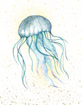 Watercolor illustration of a jellyfish with long flowing tentacles in soft blue, teal, and pale lavender tones on a white background with scattered gold speckles.