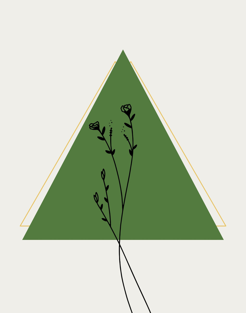 Minimalist graphic art print featuring a green triangle with thin gold border lines and black botanical stems with small flowers, set against a light beige background.