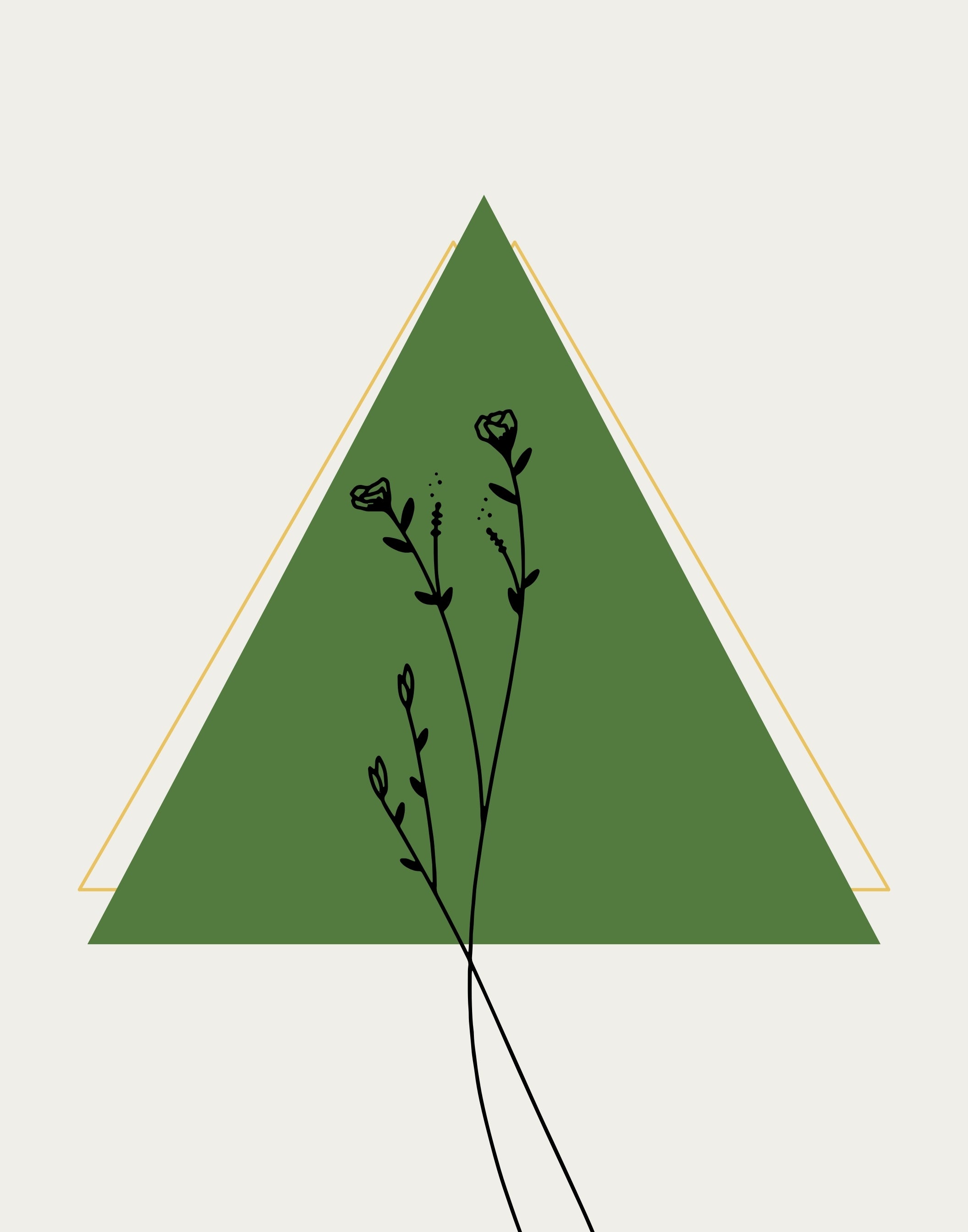 Minimalist graphic art print featuring a green triangle with thin gold border lines and black botanical stems with small flowers, set against a light beige background.