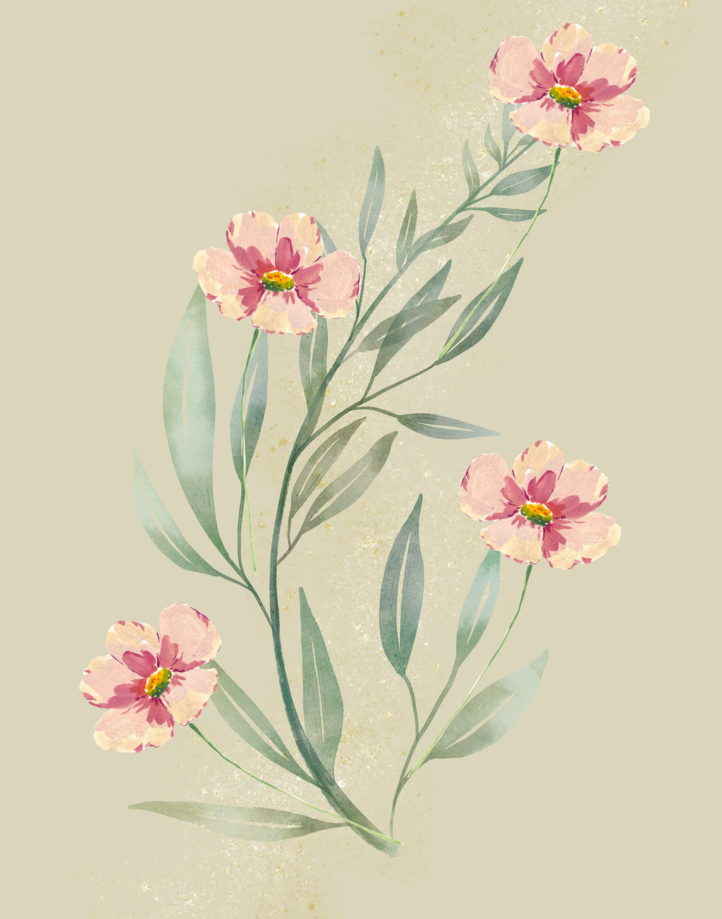 Watercolor-style floral artwork showing four pale pink flowers with yellow centers and muted green leaves on a warm beige background.