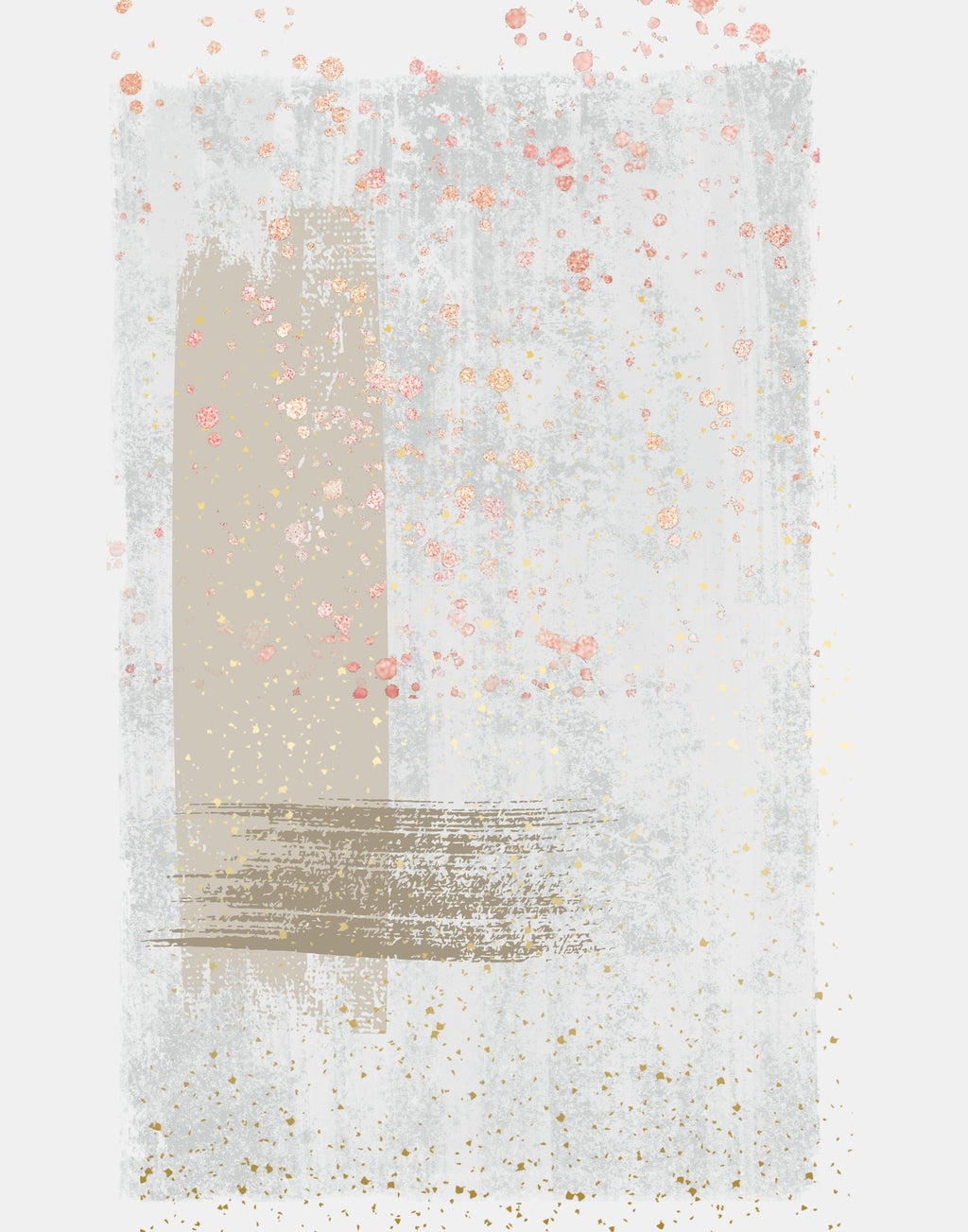 Abstract wall art print featuring a textured off-white and beige background with vertical brushstrokes, scattered rose gold and gold glitter-like dots, and fine speckled details.