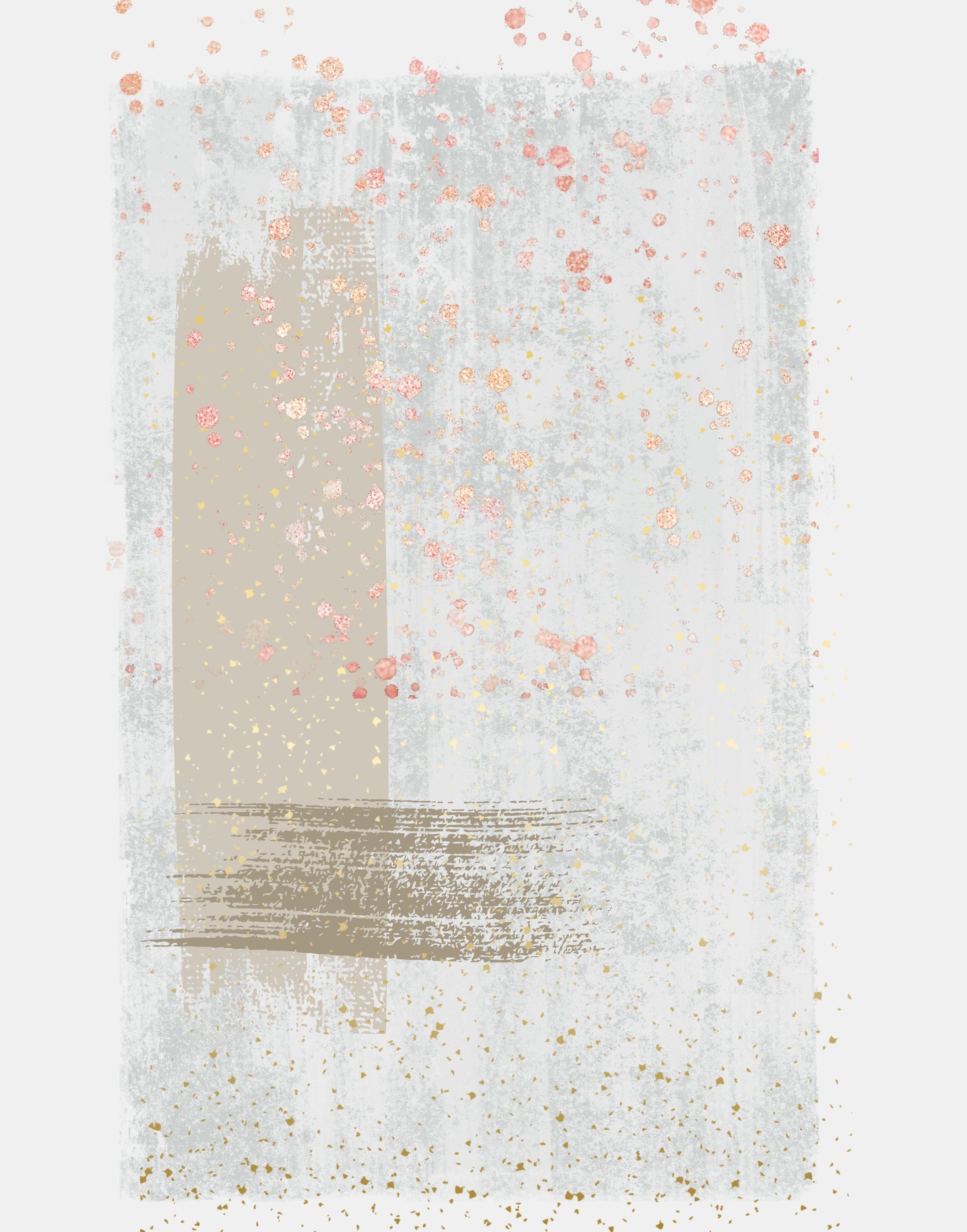 Abstract wall art print featuring a textured off-white and beige background with vertical brushstrokes, scattered rose gold and gold glitter-like dots, and fine speckled details.