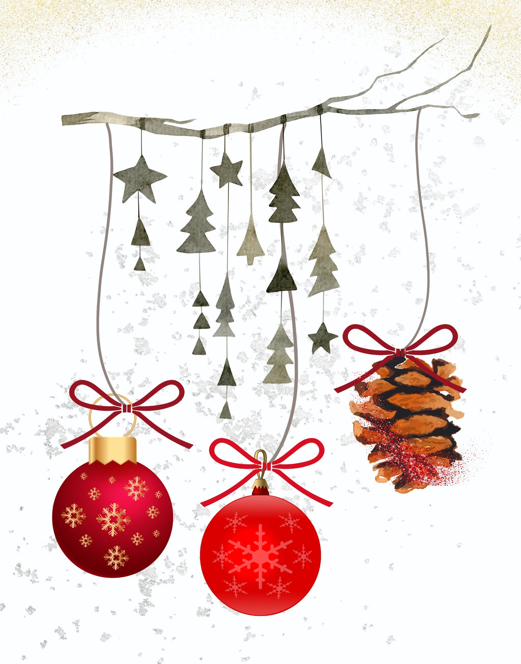 A festive Christmas hanging decoration set featuring two red ornaments with gold and red snowflake patterns, a red pinecone ornament with a red bow, and several gray tree and star cutouts suspended from a branch against a white textured background.
