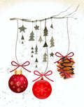 A festive Christmas hanging decoration set featuring two red ornaments with gold and red snowflake patterns, a red pinecone ornament with a red bow, and several gray tree and star cutouts suspended from a branch against a white textured background.