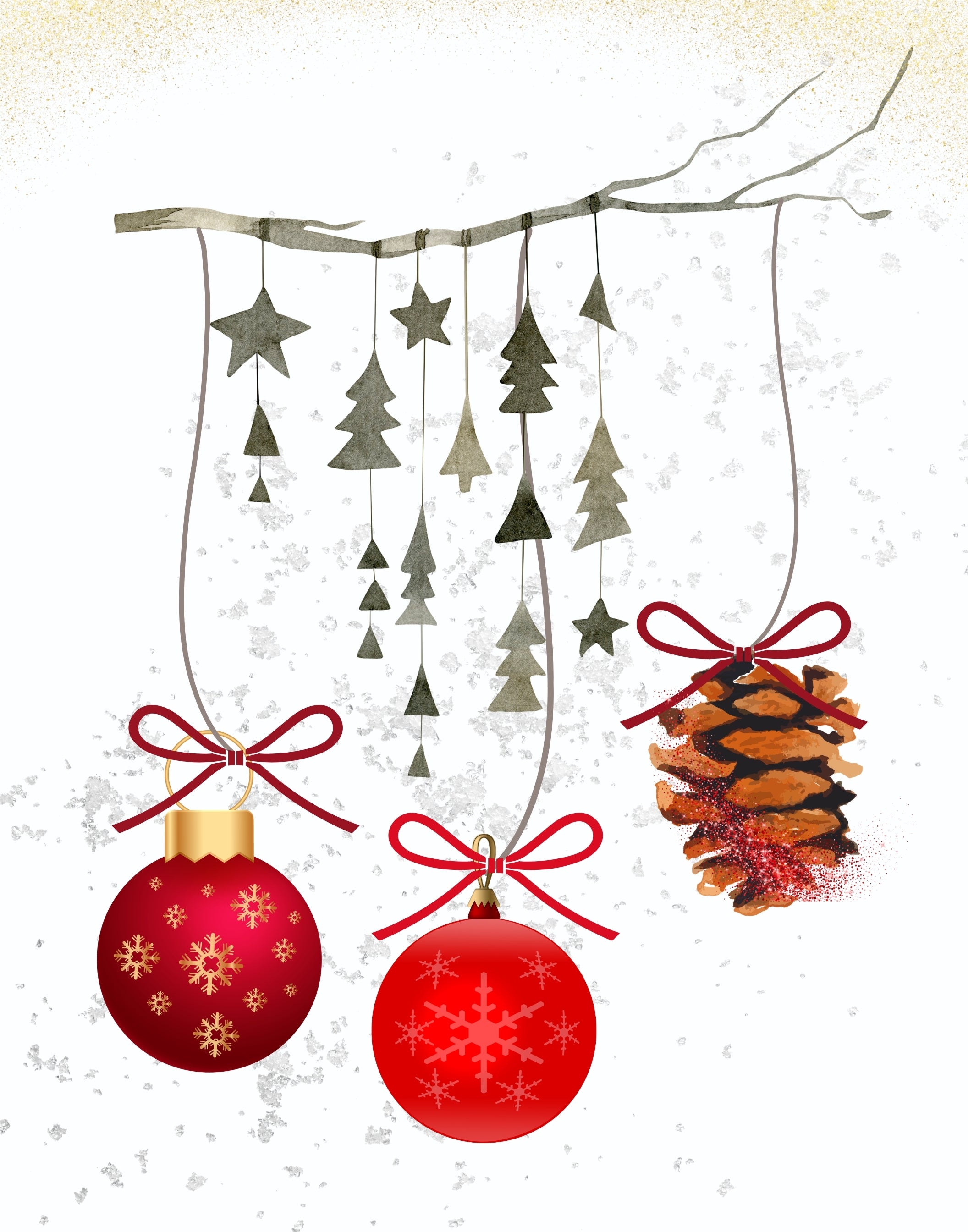A festive Christmas hanging decoration set featuring two red ornaments with gold and red snowflake patterns, a red pinecone ornament with a red bow, and several gray tree and star cutouts suspended from a branch against a white textured background.