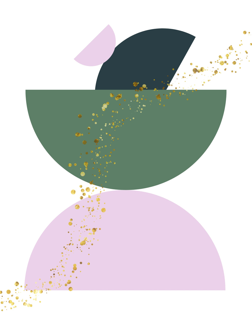 Abstract geometric wall art featuring a dark green semicircle, a lavender semicircle, a dark teal curved shape, and a small lavender slice, accented with scattered gold glitter-like speckles on a white background.