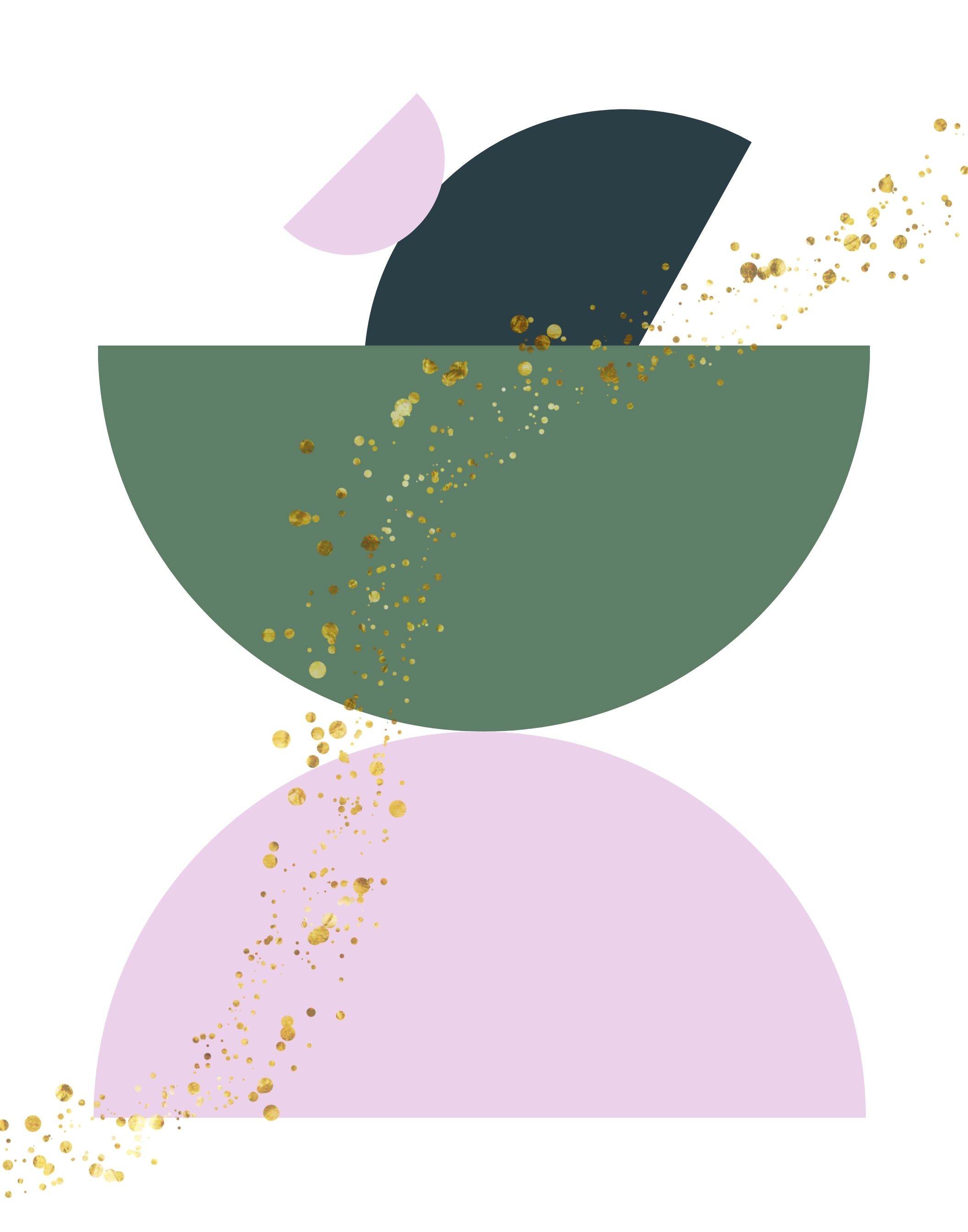 Abstract geometric wall art featuring a dark green semicircle, a lavender semicircle, a dark teal curved shape, and a small lavender slice, accented with scattered gold glitter-like speckles on a white background.